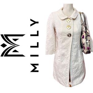 Milly White Brocade Gold Button 3/4 Sleeve Dress Coat